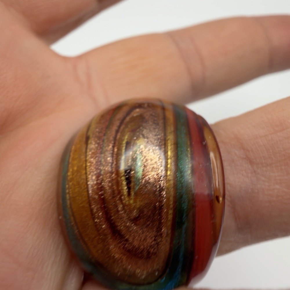 Vtg Murano Solid Glass Hand Blown Ring Red Green Gold Foil Estate Size 8